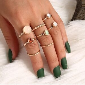 8pc Stackable Opal Crystal Gem Ring Set Gold Boho Vintage Rhinestone Size 6.5-7